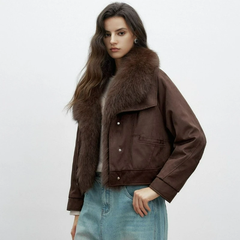 2026 Winter Neuer Stil Abnehmbarer Fuchsfell-Kragen Patchwork Baumwollmantel Damen Wildleder Kunstpelz Oberbekleidung Kurzer Stil Top