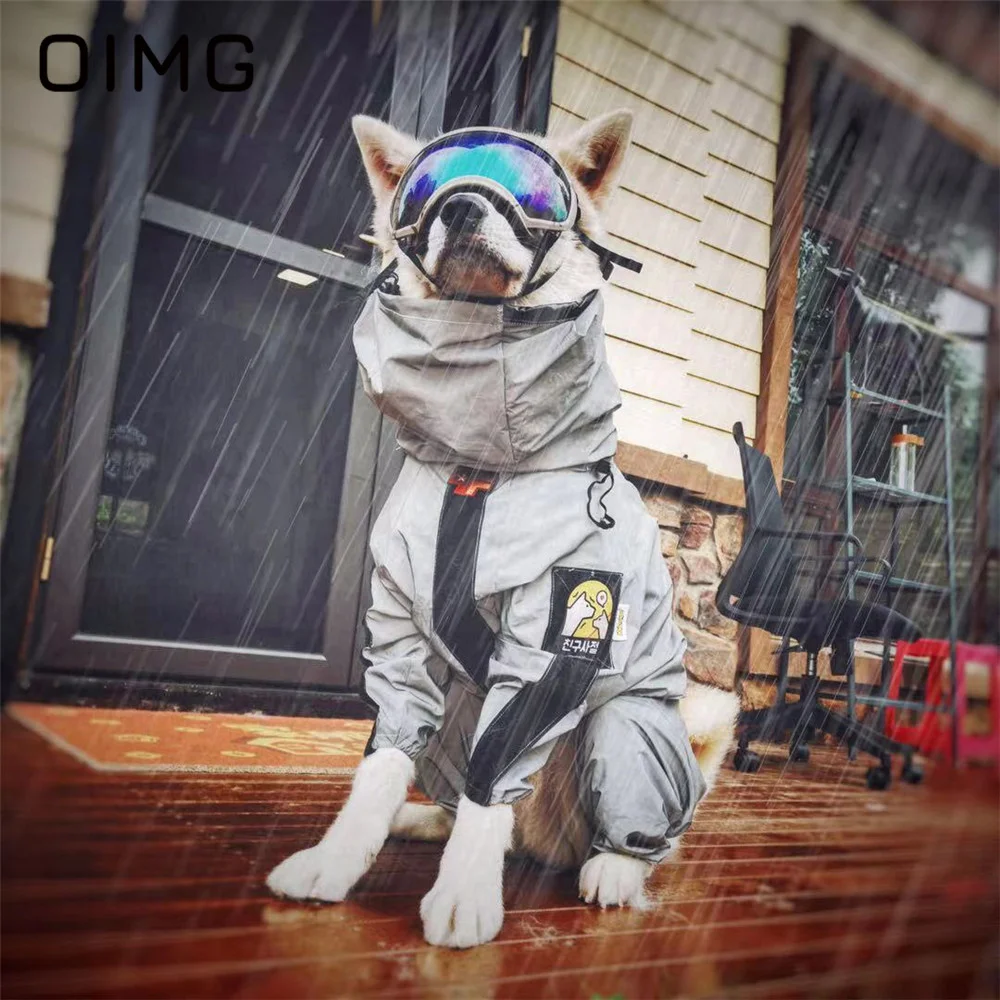 

OIMG Cool Big Dog Raincoat Four Legged Waterproof Pet Jumpsuits Golden Retriever Large Dogs Raincoat with Armband in Rainy Days