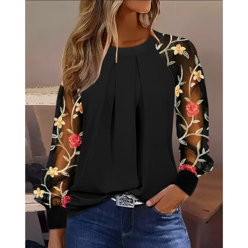 Women Long Sleeve Fashion O-Neck Shirt 2024 Spring Autumn Blouse Top Women\'s Sexy Lace Mesh See-through Stitching Pullover Shirt