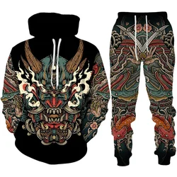 Japan Samurai Oni Mask Tattoo Art 3D Print Tracksuit Sets Casual Hoodie + Pants 2pcs Sets Fashion Man Woman Harajuku Streetwear