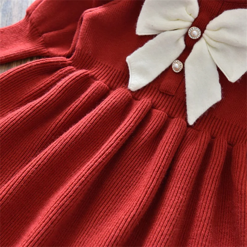 Long Sleeve Girls Winter Dresses 2023 New Warm Knit Sweater Kids Red Christmas New Year Party Princess Gown 1-8 Yrs Baby Vestido