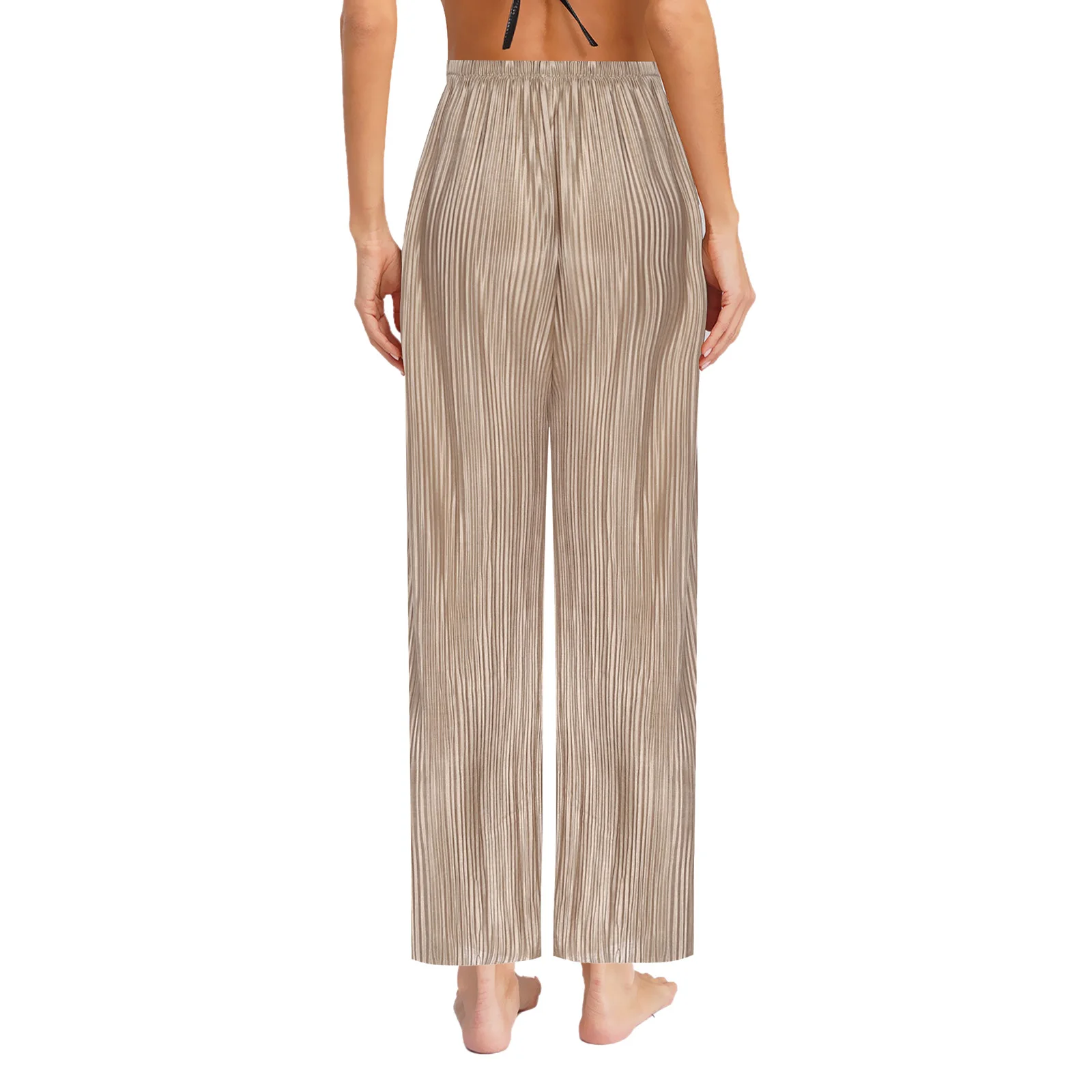 Women Solid Color High Waist Wide Leg Trendy Beach Pull on Elastic Waist Casual Pleated Pants for Casual Daily Wear Commute