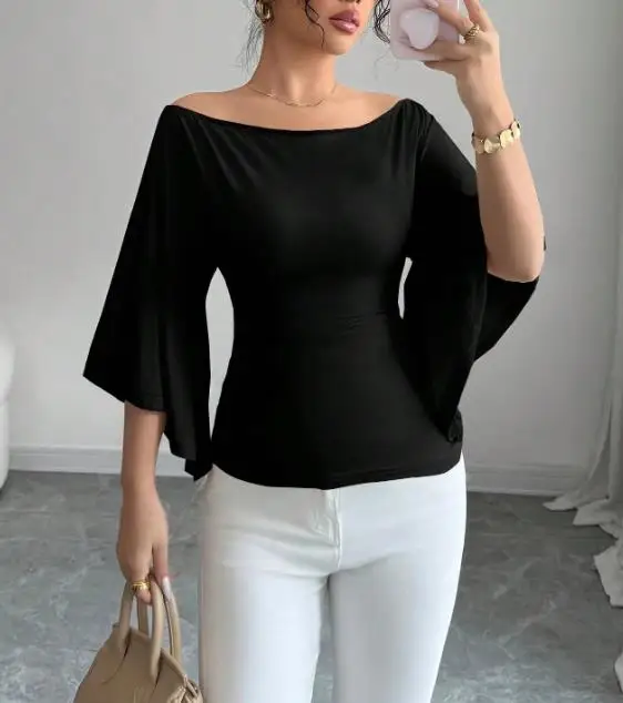 

Spring/Summer Women's Top Retro elegant goddess style black one shoulder flared five quarter sleeve slim fit waist cinching top
