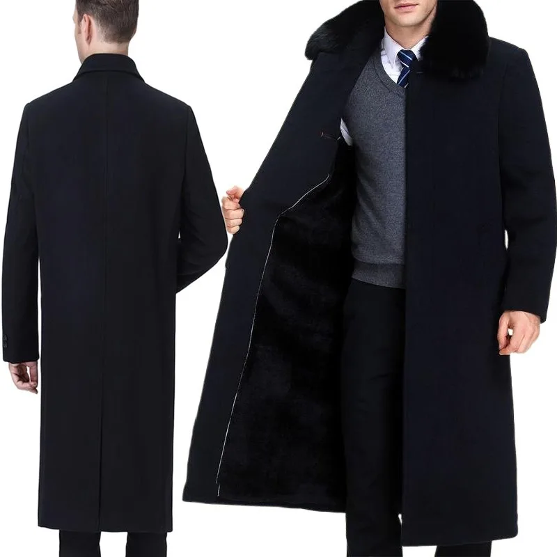 

2024 Men's Clothing Woolen Coats Fashion Trench Coat Winter Men Clothes Thickened Plush Wool & Blends Real Fox Fur Collar