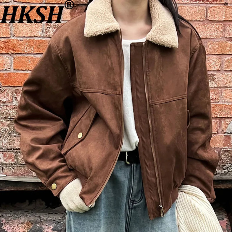 HKSH automne hiver nouvelle veste chaude pour femme Faux daim Patchwork laine d'agneau col rabattu fermeture éclair rétro Y2K épaissir manteau HK14045