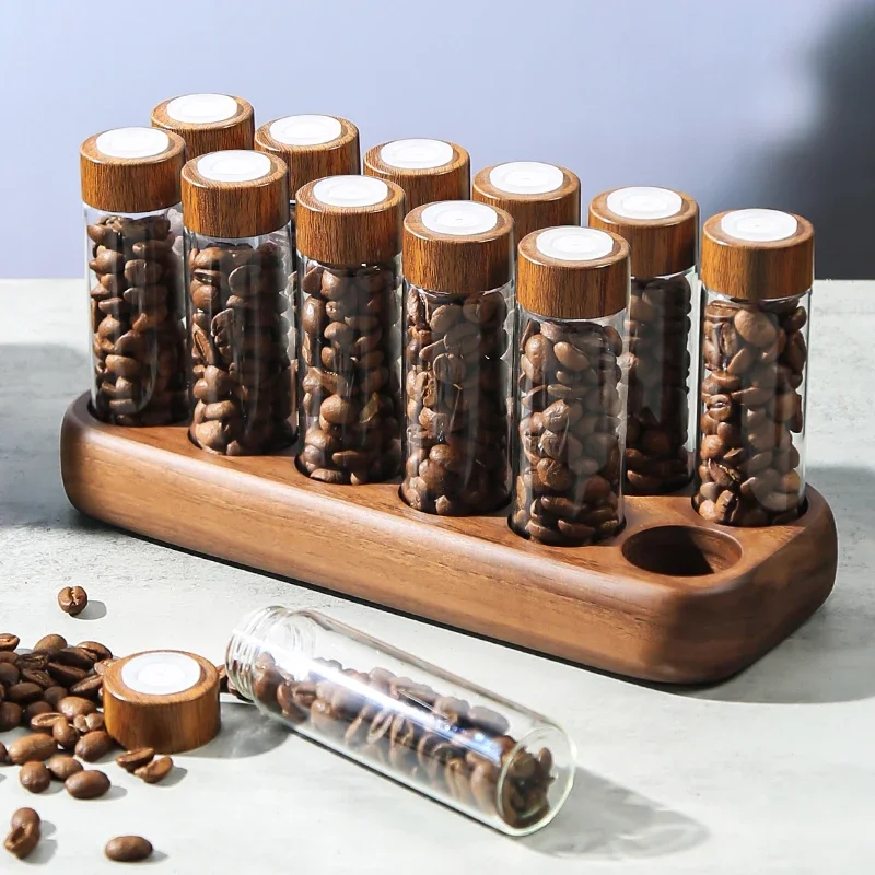

Wooden Holder Base 12 Tubes Dose Cellar Dosing Glass Vials Jars Canisters Coffee Bean Storage Containers with Display Stand