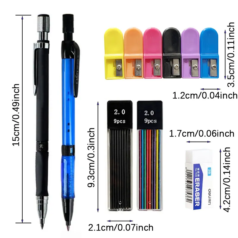 Druckbleistift-Set 2,0 mm mit 2B-Schwarz/Farben-Minenminen zum Schreiben, Skizzieren, Kunst, Zeichnen, Malen, Schule, automatische Bleistifte – Detail 1