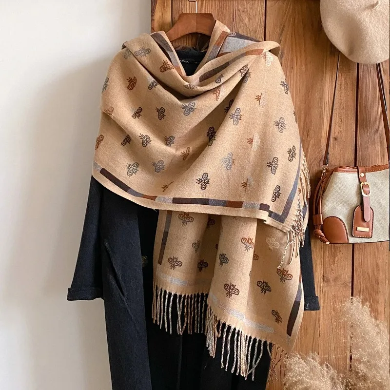 

2025 новый дизайн, шарфы с рисунком маленькой пчелки для женщин, теплый зимний шарф с принтом пашмины, шаль, женский