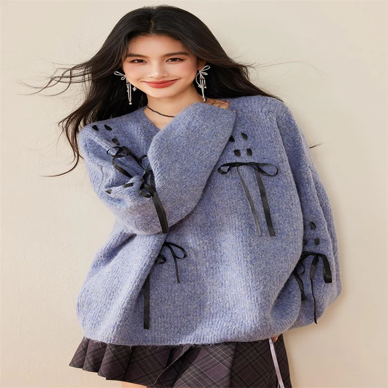 EAM Purple Ribbons Big Size Knitting Sweater Round Neck Long Sleeve Women Pullovers New Fashion Spring Autumn 2024 CPG1867