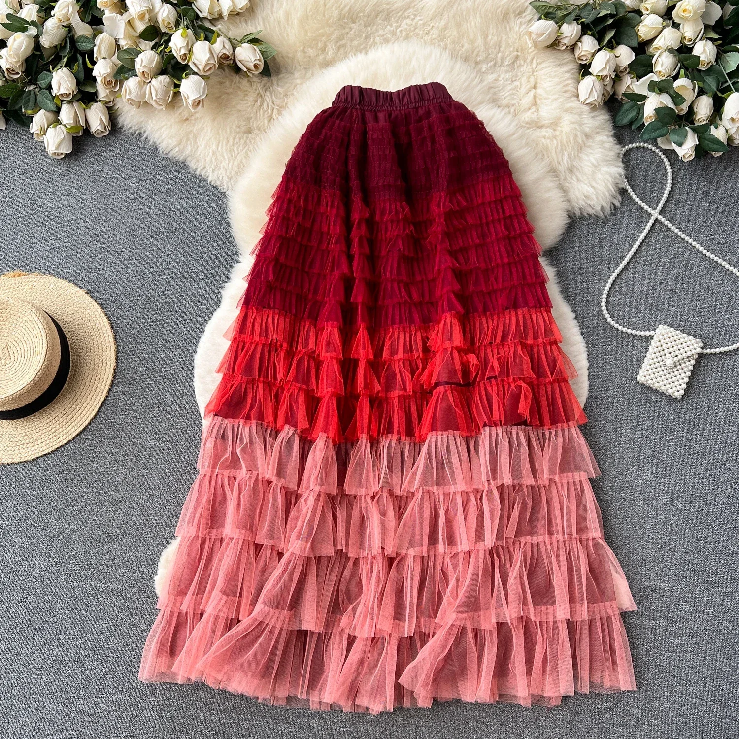 Voille Skirts Women Gradient Y2k High Waist Elastic Jupe Ladies Tulle Mujer Faldas Ruffles Long Female Mesh Skirt Dropshipping