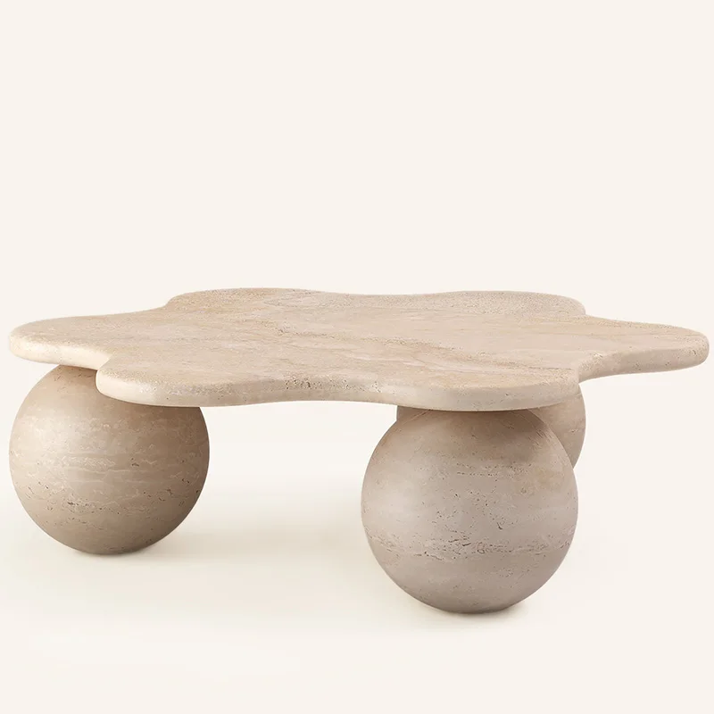 Luxury Wabi-sabl Style Small Modern Round Beige Travertine Coffee Table With Low Plinth for Livingroom