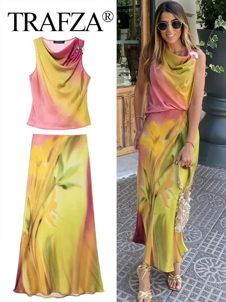 TRAFZA 2024 Summer Women Fahion Skirt Set Tie Dye Sleeveless Slim Pleated Tank Top + Chic Elegant Wild Woman Print Midi Skirt