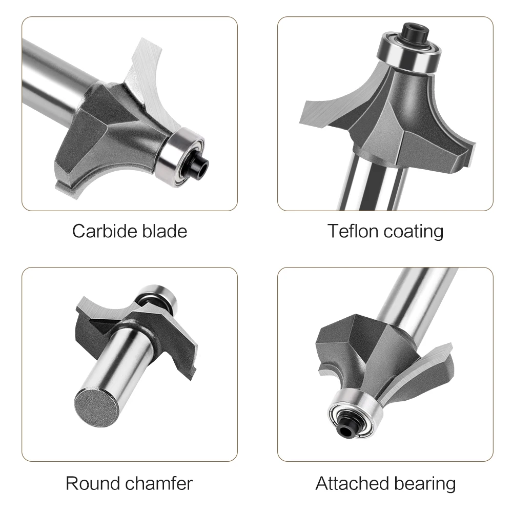 12mm 1/2in Shank Corner Round Over Router Bit with Bearing Carbide Milling Cutter Roundover Bits Woodworking Tool