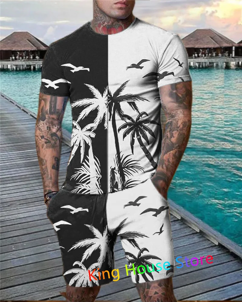 

Mens Tracksuit Set 2 Piece Outfit Set Summer Coconut Tree Printed Casual Short Sleeve Men Clothing Oversized Tshirt Jogging Set