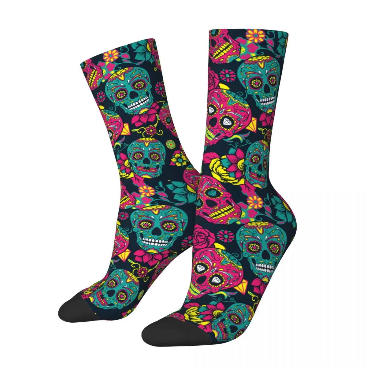 Hip-hop Day Of The Dead Colorful Sugar Skull Football Socks Floral Ornament And Flower Long Socks for Women Men Non-slip