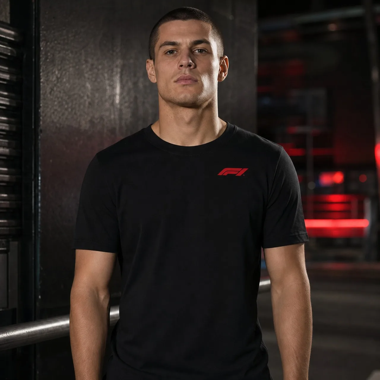 Men Formula 1 Small Logo T-Shirt Black Crew Neck Red Chest Print Minimalist Motorsport Casual Daily Short Sleeve T-Shirt