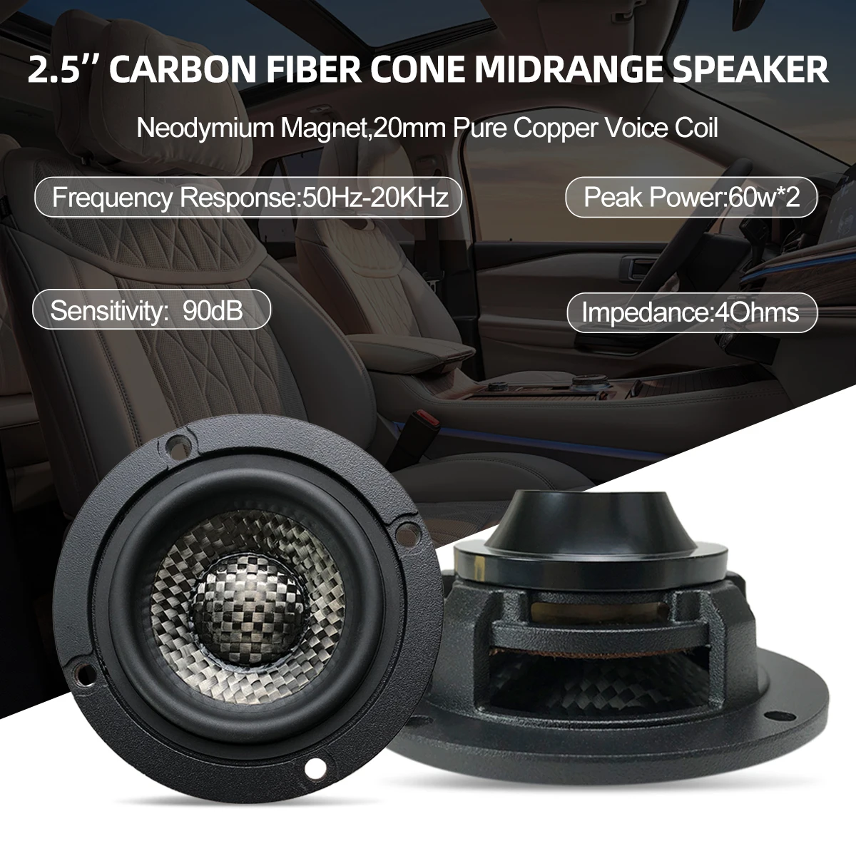 High-Performance 2.5 Inch Carbon Fiber Cone car audio Midrange Speaker Nom. Power 30W*2 Neo. Magnet 20mm-Pure Copper Voice coil