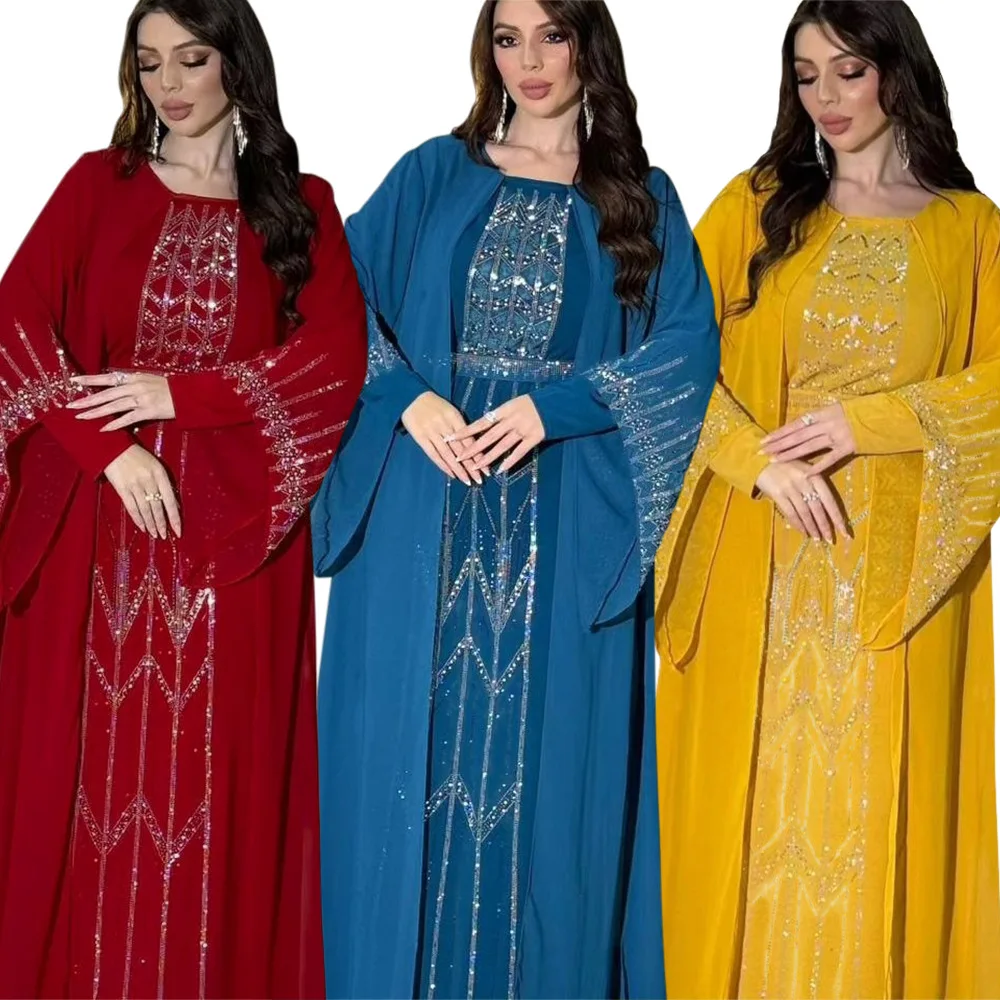 

Autumn Women's Clothing Muslim Fashion Abaya Hot stamping Long Robe Chiffon Dresses Skirt Splicing With Belt