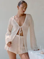 2026 Women Beach 2 Piece Sets Bikini Cover-Ups Swimsuit Tops And High Waist Shorts Sexy Ladies Swimming Cover Up Bathing Suit