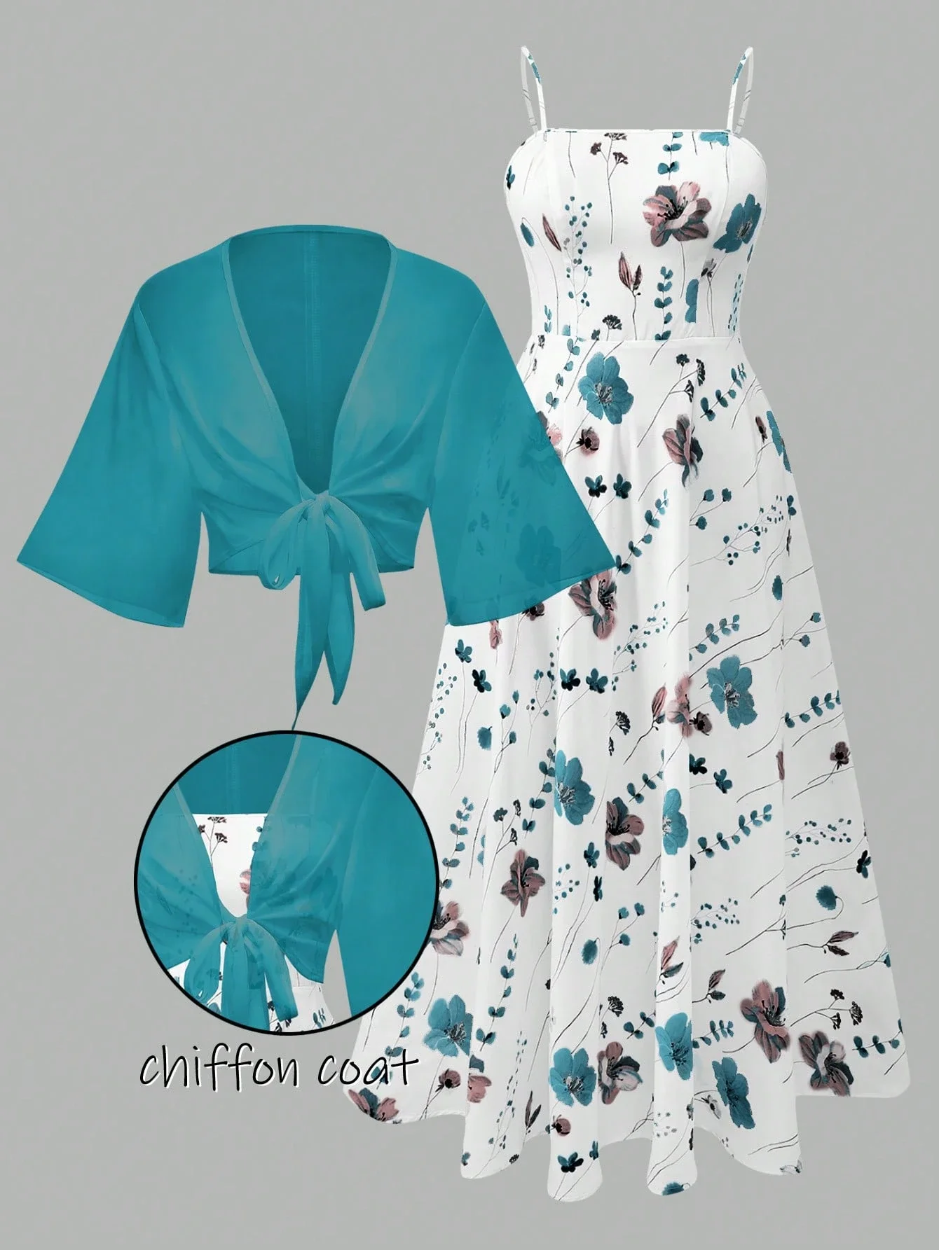 

Women's Floral Chiffon Dress And Tie Front Cardigan 2 Piece Set Summer Elegant