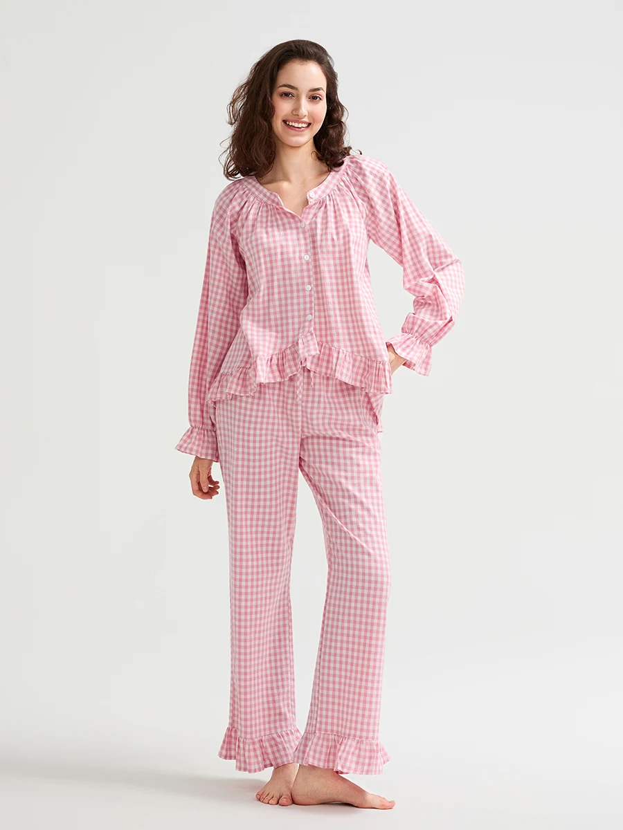 Conjunto de pijama a cuadros con volantes para mujer, cuello redondo, manga larga, botones, pantalones largos, ropa de descanso