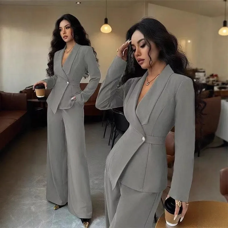 Women Asymmetrical Blazer & Wide Leg Pants 2 Piece Set Single Button Belted Waist Elegant Formal Office Outfit Spring Autumn Set