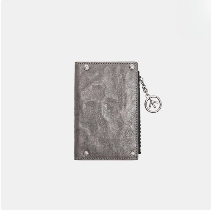 GROTTO New Plant-Tanned Sheepskin Leather Women's Card Holder Wallet Fashionable and Versatile Short and Flexible