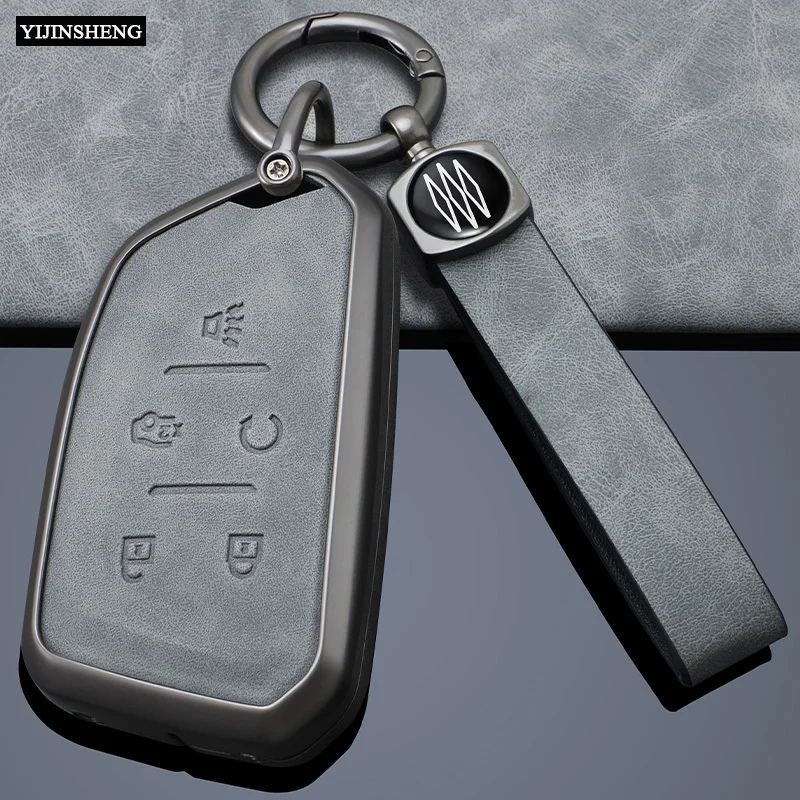 5 Buttons Zinc Alloy + Leather Car Key Case Cover Fob Holder Shell For Cadillac CT4 CT5 CT4-V C8 Corvette 2020 2021 Escalade