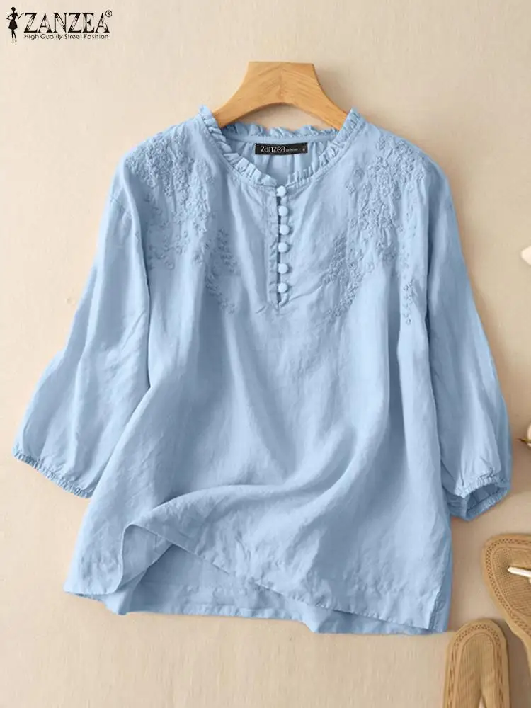 ZANZEA 여름 빈티지 셔츠 우아한 OL 작업 블라우스 여성 3/4 O 넥 슬리브 탑 자수 Blusas Femme Causal Cotton Chemsie