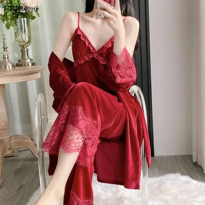 

2025 Soft Velvet Pijamas De Mujer 3Pcs Lady Sexy Trim Cami Top Pants Autumn Warm Sleepwear Loungewear Velour Pajamas Suit