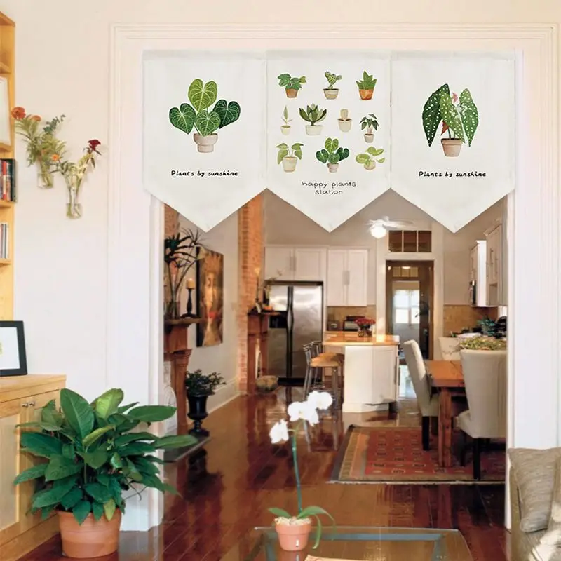 VIKAMA Botanical Pennant Noren Curtain Printed Potted Houseplant Triangle Door Valance Kitchen Home Entrance Hanging Wall Decor
