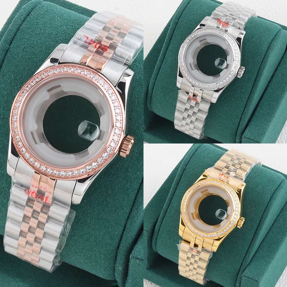 33mm Sapphire Glass Diamond Decorated Lady's Watch Case Stainless Steel Waterproof For DATEJUST NH05 NH06 Movement 25mm Dial