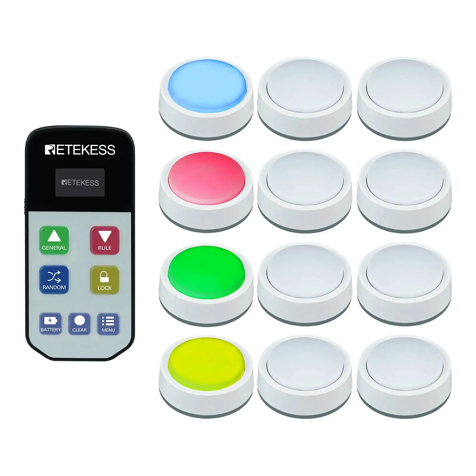 RETEKESS TM102 Système de buzzer jeu quizz sans fi,buzzer jeu quizz connecté 3 modes de réponse 4 états de couleur pour Compétition en classe Jeu Jeux en famille,buzzer jeu quizz blind test