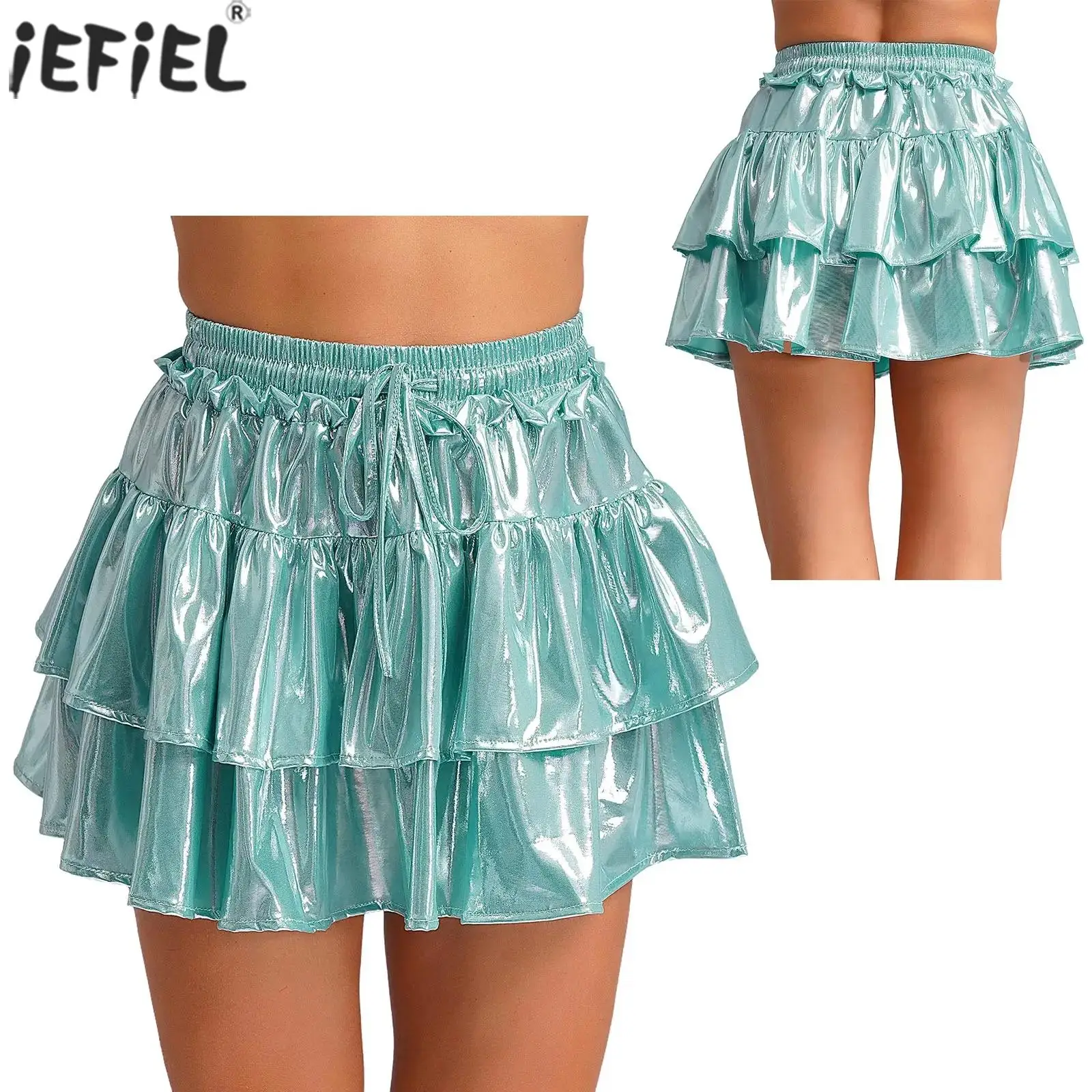

Женская мода, блестящие мини-юбки металлик, эластичный пояс, многоуровневая микро-юбка с оборками для вечеринки, карнавала, повседневные юбки с высоким вырезом