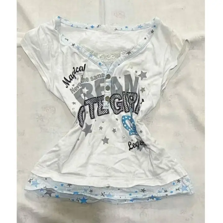 

Summer Bodycon Y2k Crop Tops Women Short Sleeve Button V-Neck T Shirts Female Outwear 2000s Vintage Blouse Korean Fashion Chic