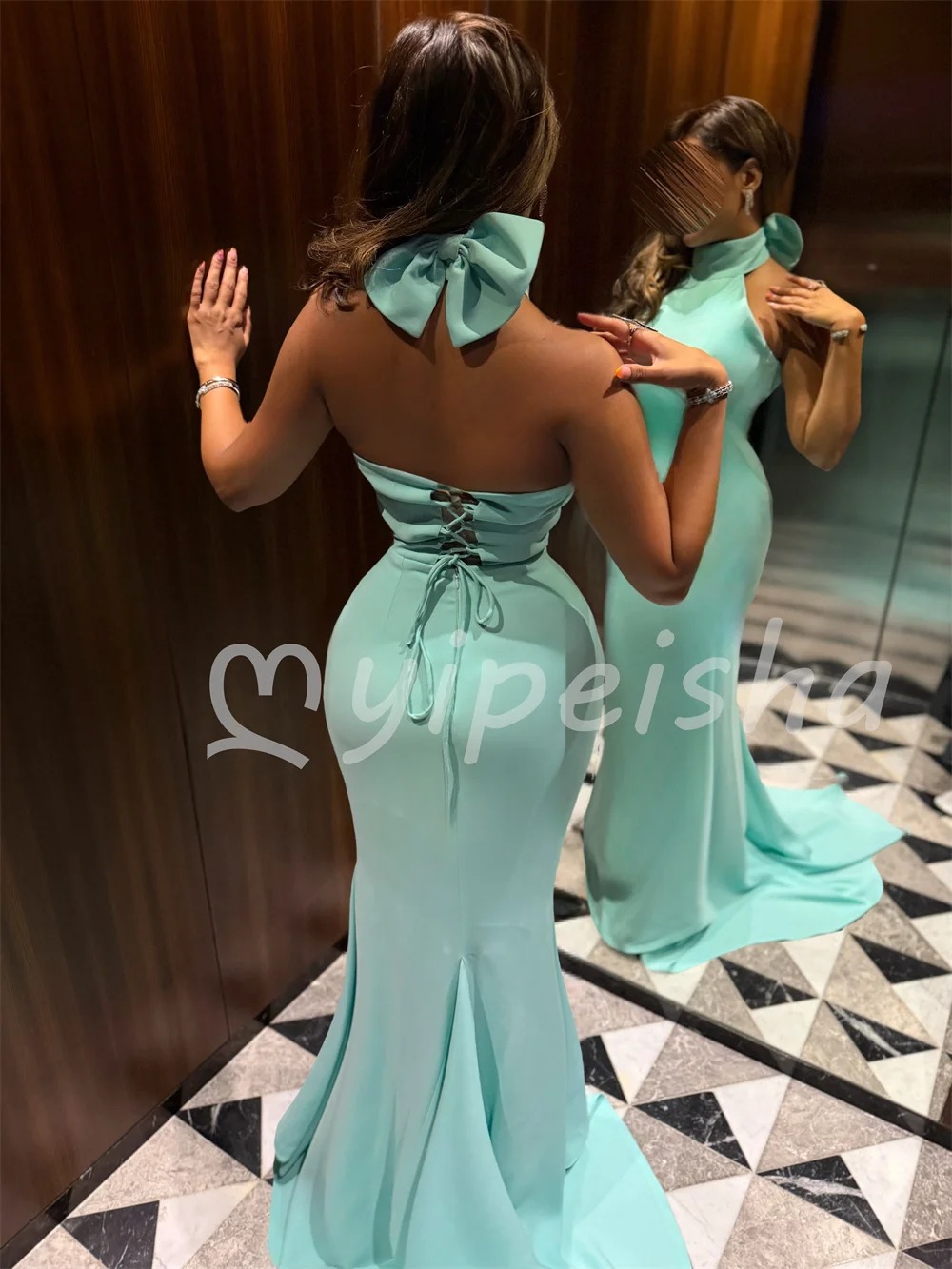 Sizes Available Simple Jersey Pleat Bow Mermaid Halter Women's Floor-Length Evening Dresses Sizes Available Customized