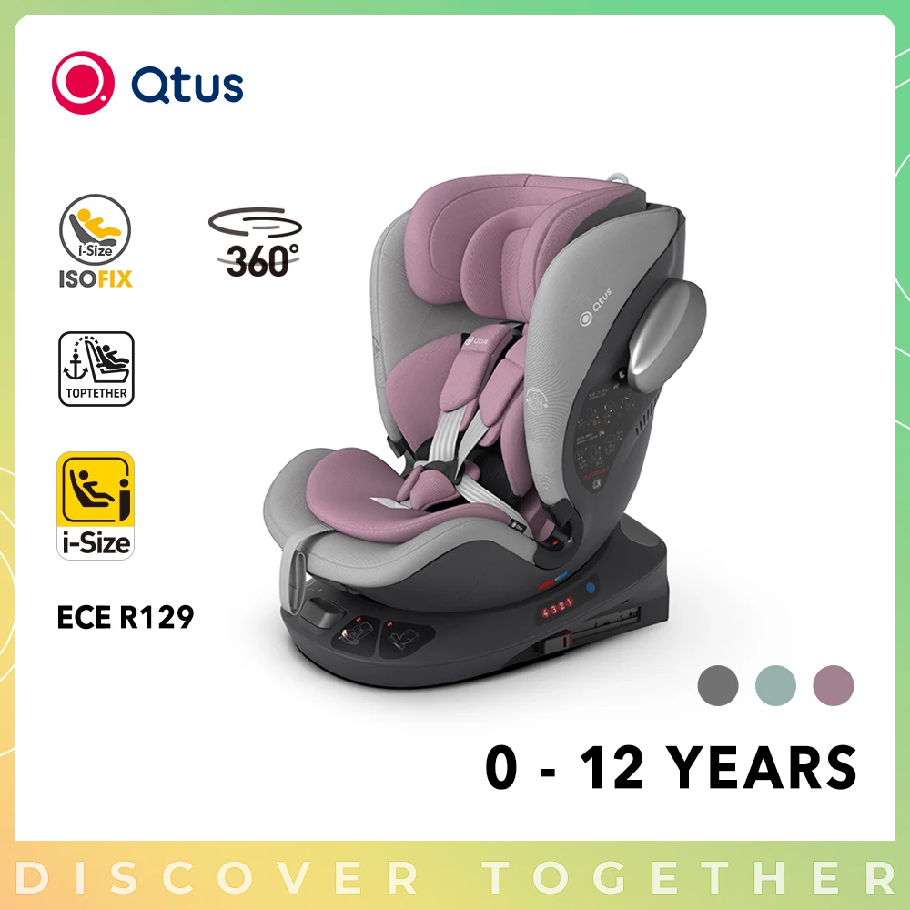 Qtus S2 APOLLO Baby Safty Car Seat - 360 Degree Rotation - 90 ° Hovering  - From New Born to 12 Years Old - Green & Grey