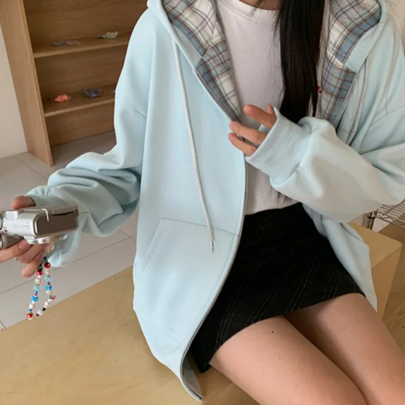 Mit Hut Hoodies Frauen Herbst Süße Studenten Sanfte Patchwork Gestreiften Reißverschlüsse Taschen Blau Trendy Gemütliche Koreanische Stil Streetwear