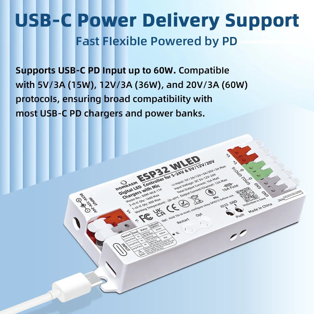 وحدة تحكم PD Power Fast Setup DOMRAEM ESP32 WLED مع ميكروفون مزدوج 5-24 فولت، مصهر 16 أمبير لـ WS2811 WS2812B WS2805 SK6812 APA102