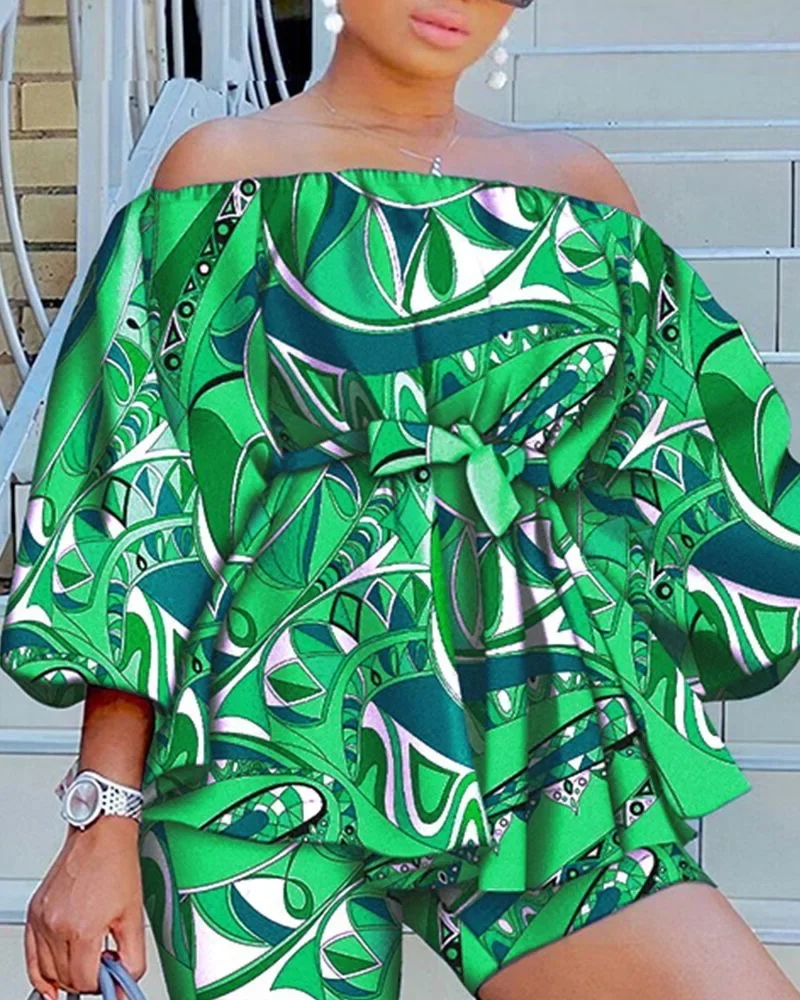 Women Two Piece Set Abstract Print Off Shoulder Belted Top & Shorts Set Summer Print Shorts Set Matching Sets Ruffle Maxi 2024