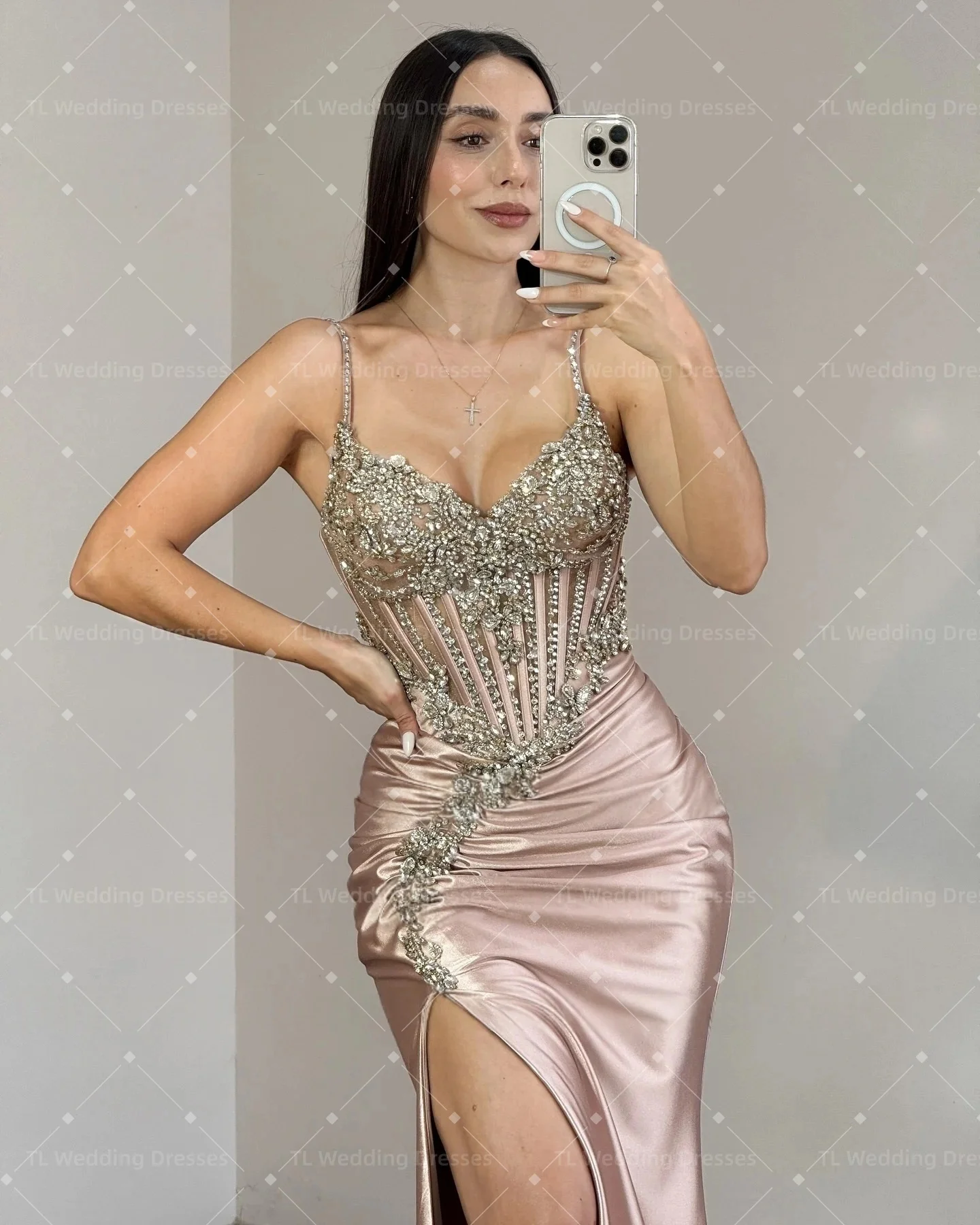 TL Modern  Fancy Trumpet Prom Dresses 2025 Woman with Rhinestones Spaghetti Straps High Slit Pleat Robes De Soiree Customized view 3