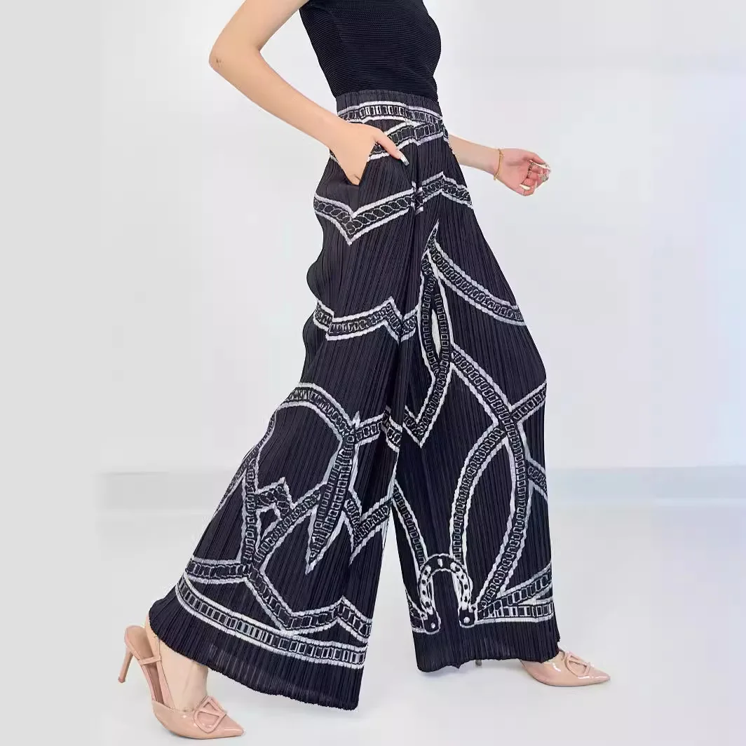 

HOT SELLING Miyake french-style draped retro printed wide-legged summer pants IN STOCK