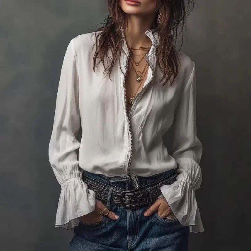 

Loose and Fashionable Long-sleeved Zipper Solid Color Crew Neck Blouse Shirt Version Casual and Versatile