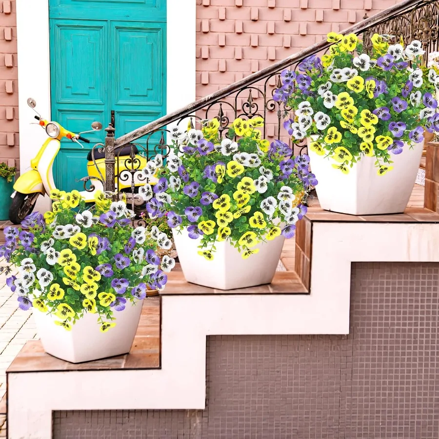 9 Bundles Artificial Flowers Outdoor Fake Pansy Flowers UV Resistant Artificial Plants Realistic Faux Silk Pansies for Porch Pa