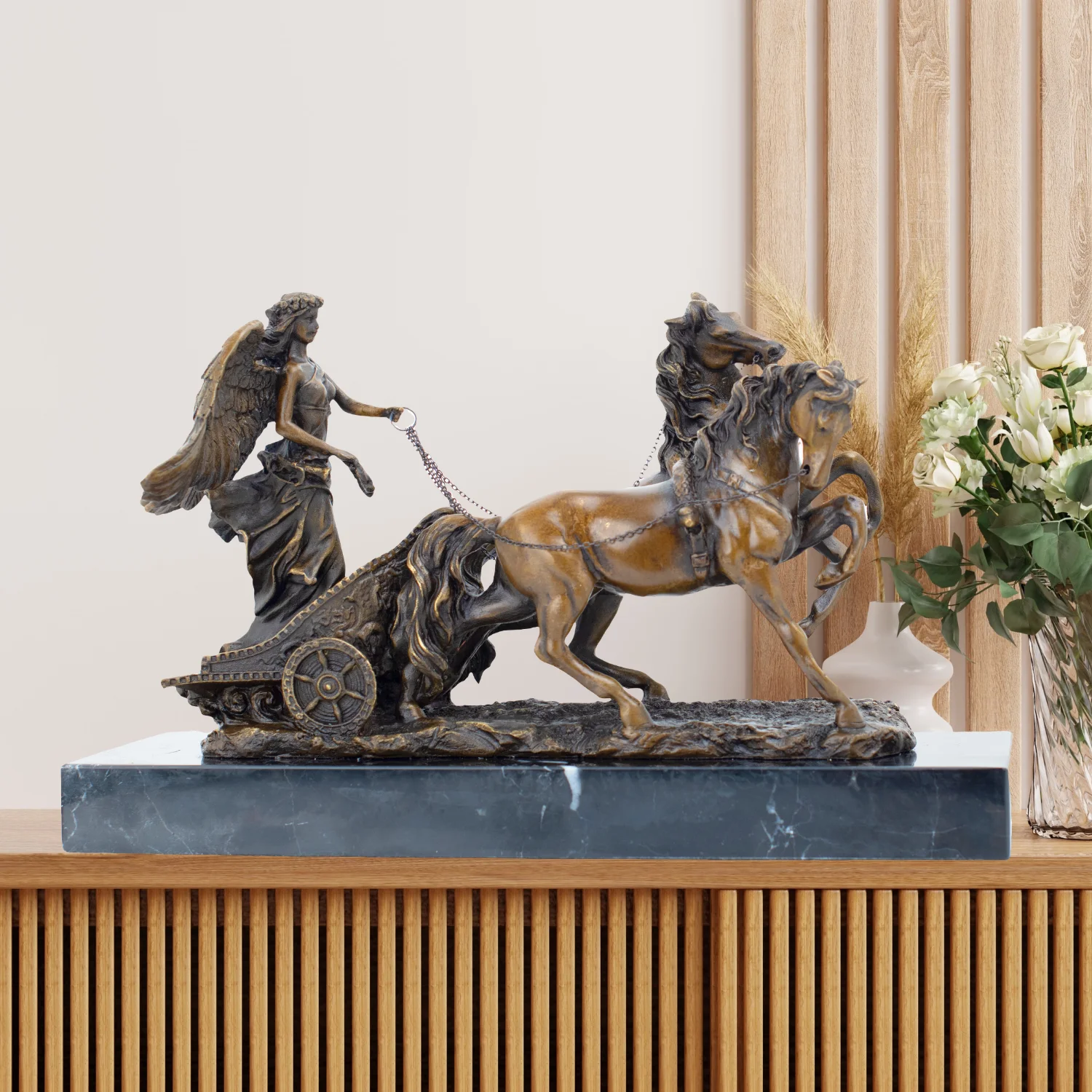 

Greek Goddess Of Victory With Horses Bronze Statue Famous Angel Wings Bronze Sculpture Casting Handcrafts Home Decor Ornament