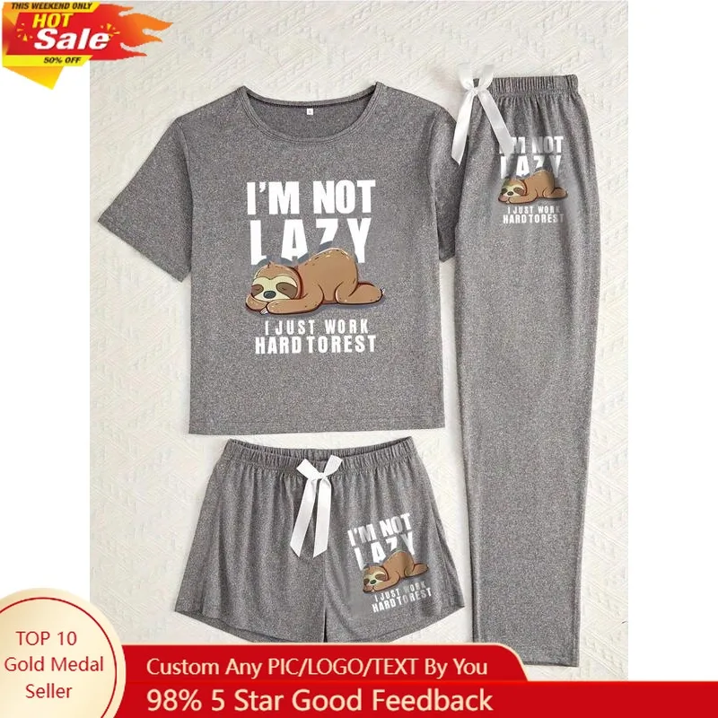 

Women's Cartoon Cat Print Pajama Set, 3 Piece Sleepwear Collection, Casual Fitted Nightwear for All Seasons