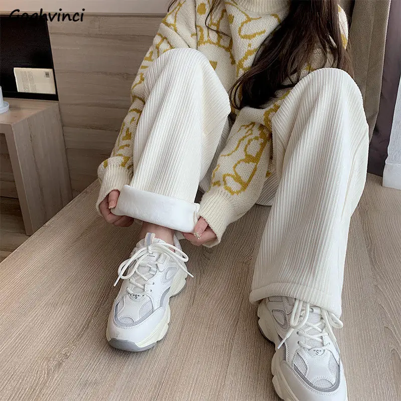 

Casual Pants Women Straight Corduroy Autumn Winter Thermal Fleece Lined Elastic Waist Solid Plus size 4XL New Fashion All-match