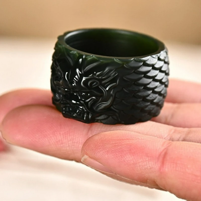 Natural Xinjiang Hetian Cyan Jade Dragon Head Ring Men's Domineering Personality Fashionable Accessories Holiday Party Gift