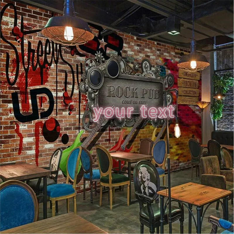 Retro Graffiti Guitar Rock Metal Red Brick Background Wall Paper Music Club Bar Restaurant Industrial Decor Mural Wallpaper 3D