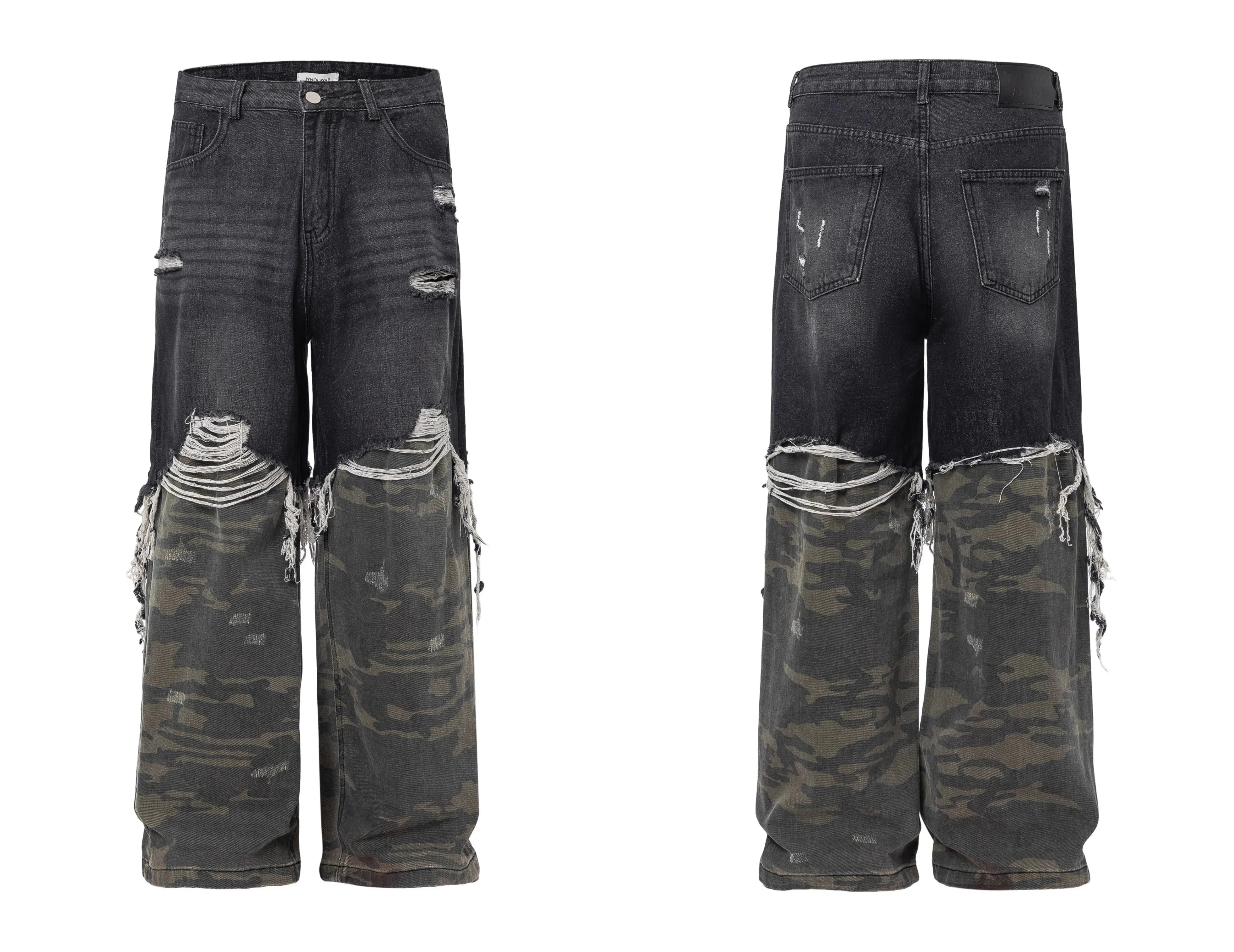 Vaqueros de camuflaje empalmados rasgados azules para mujer Y2K Harajuku japonés High Street estilo 2000 pantalones vaqueros de pierna ancha sueltos pantalones de basura